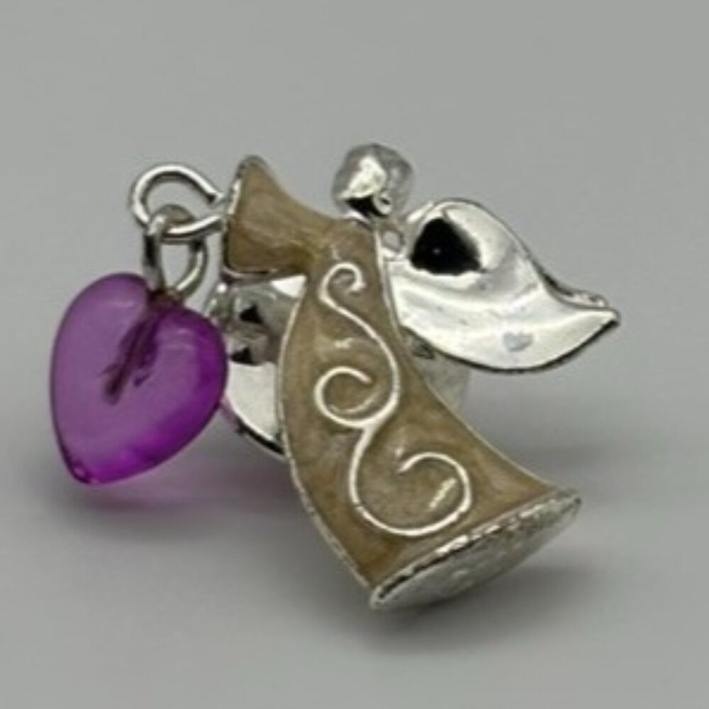 Vintage Avon Lapel Pin, Angel Holding Dangling Purple Heart Silver Tone W/Enamel - Picture 3 of 14